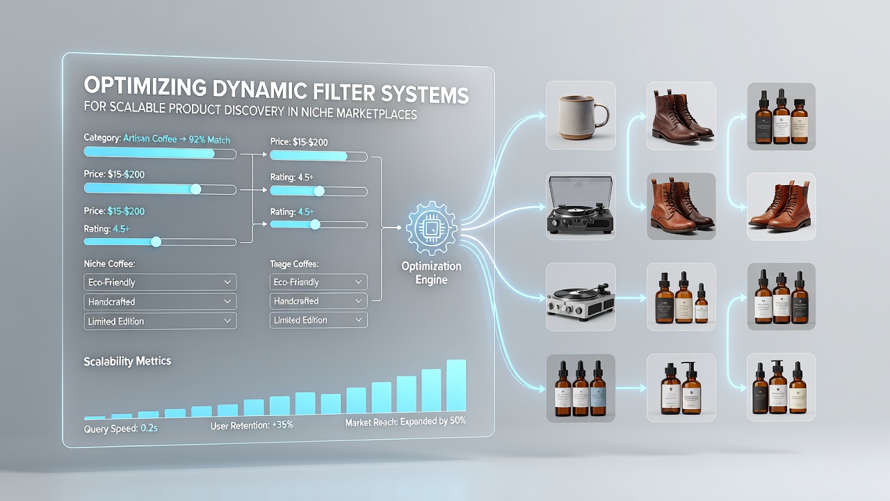 Scalable backend architecture diagram illustrating filter indexing and real-time updates for niche product catalogs